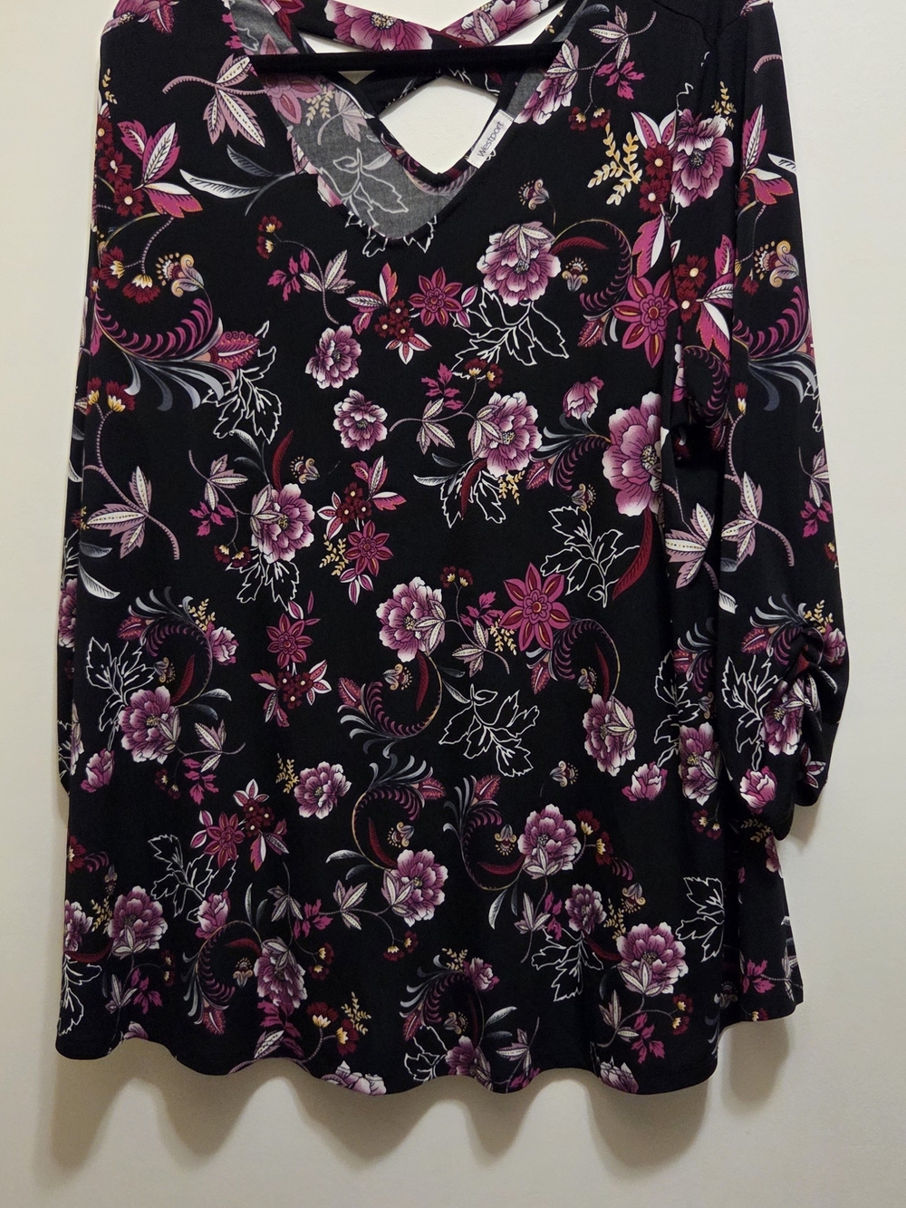 Westport Black Floral V-Neck Tunic with Purple-pink Flowers 2X